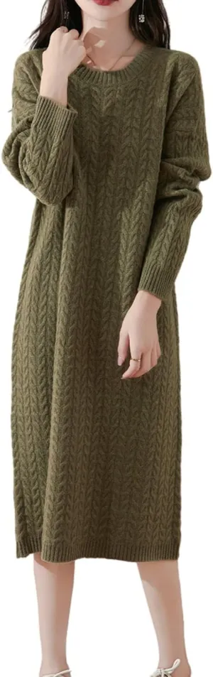100% Merino Wool Sweater Dress Women's Long Sleeve Knitted O Neck Twists Pullover Fall Winter Loose Long Tops