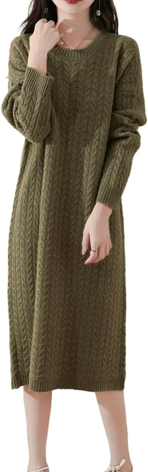 100% Merino Wool Sweater Dress Women's Long Sleeve Knitted O Neck Twists Pullover Fall Winter Loose Long Tops