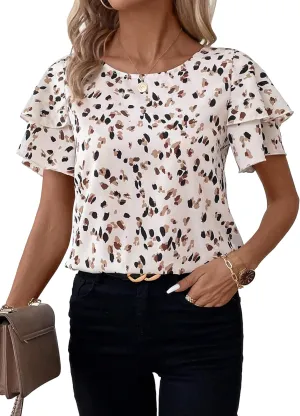 Avanova Women Print Ruffle Flutter Blouse Short Sleeve Work Business Top Shirt