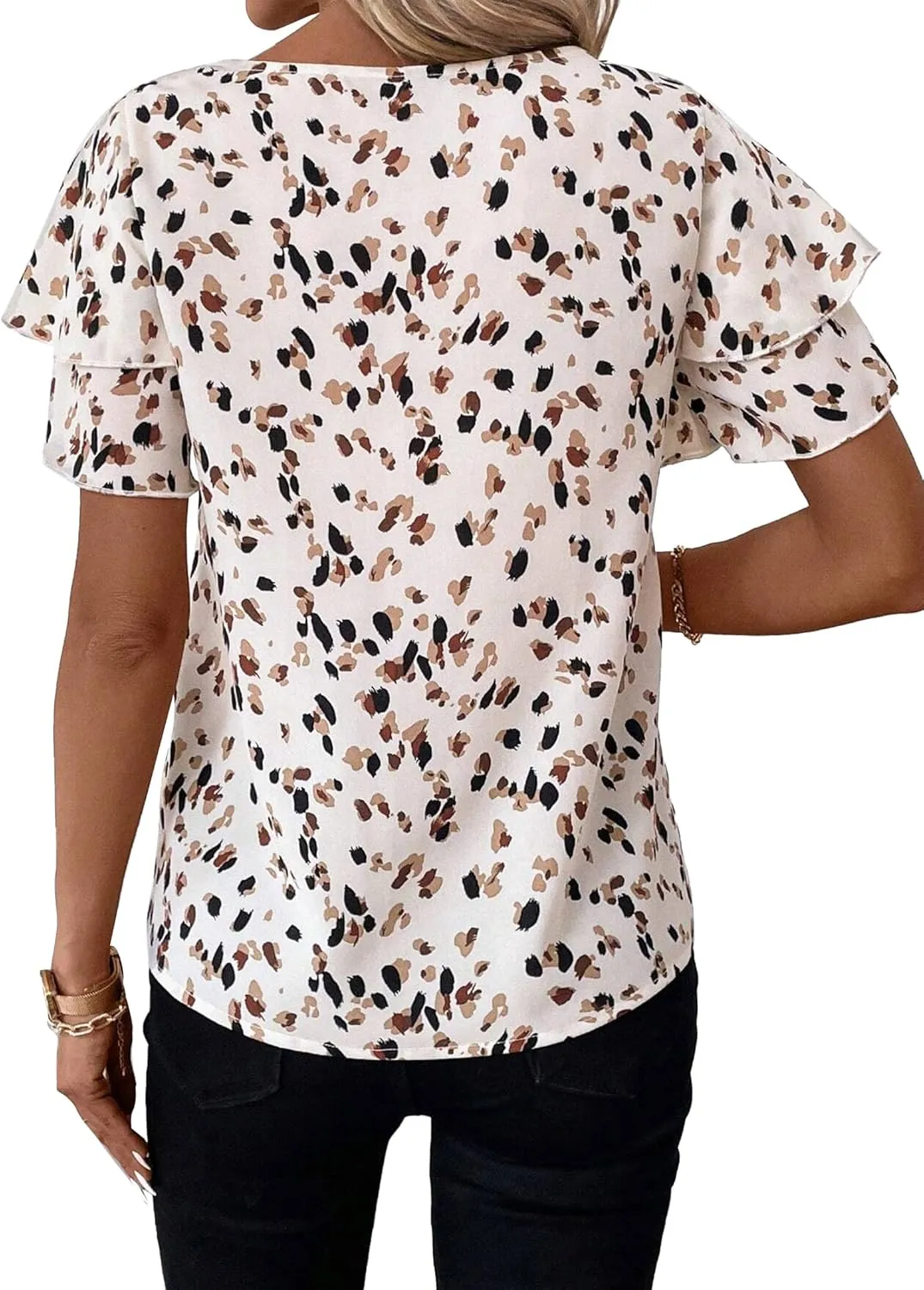Avanova Women Print Ruffle Flutter Blouse Short Sleeve Work Business Top Shirt