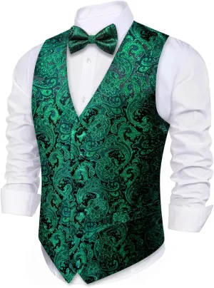 Barry.Wang Men's Waistcoat Bowtie Set Paisley Jacquard Silk V-Neck Vest Handkerchief Cufflinks Formal/Leisure Wedding Party