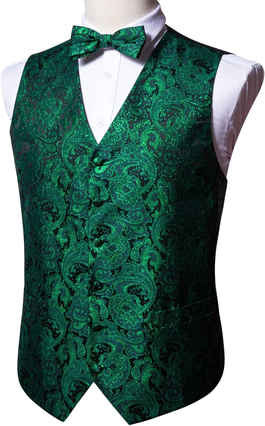 Barry.Wang Men's Waistcoat Bowtie Set Paisley Jacquard Silk V-Neck Vest Handkerchief Cufflinks Formal/Leisure Wedding Party