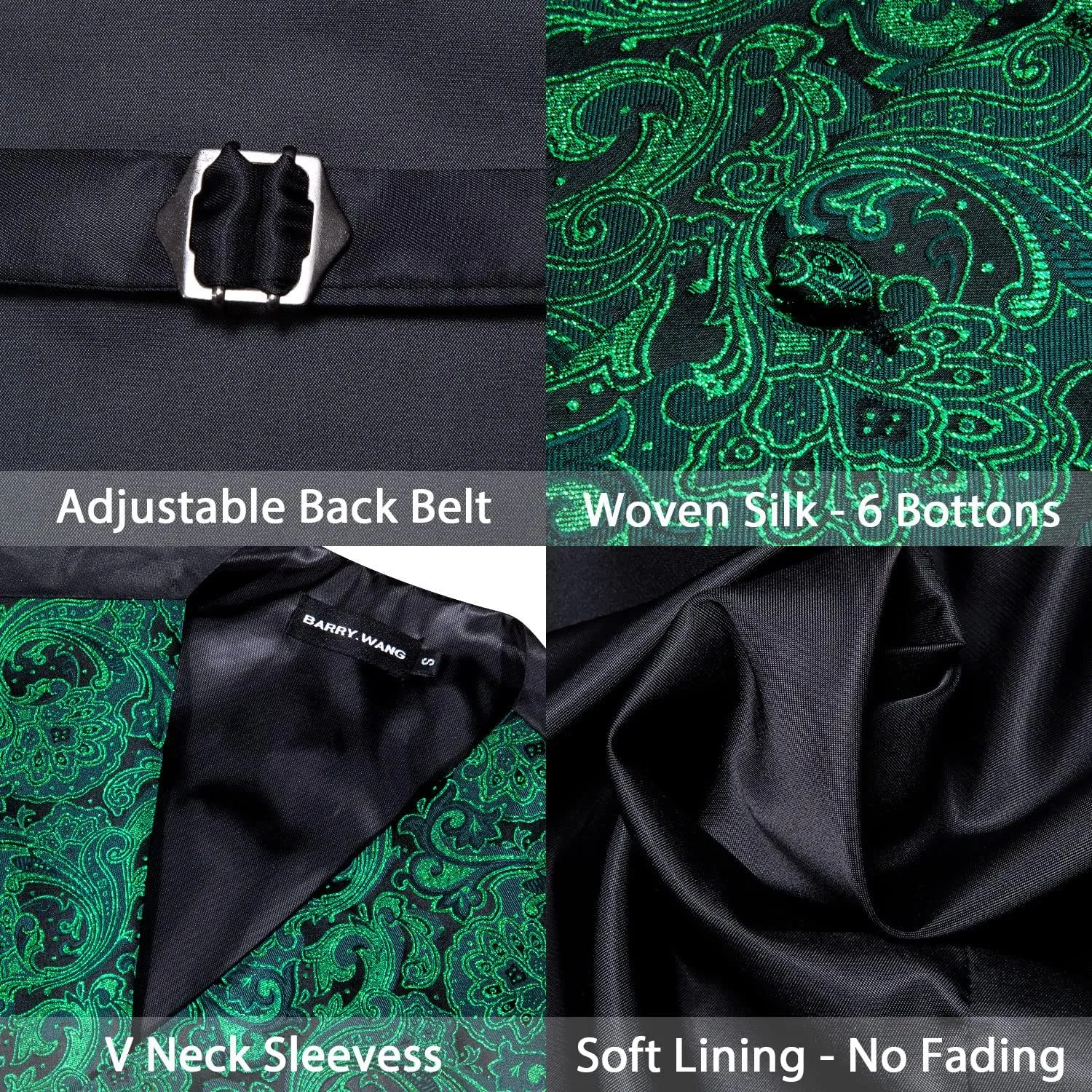 Barry.Wang Men's Waistcoat Bowtie Set Paisley Jacquard Silk V-Neck Vest Handkerchief Cufflinks Formal/Leisure Wedding Party