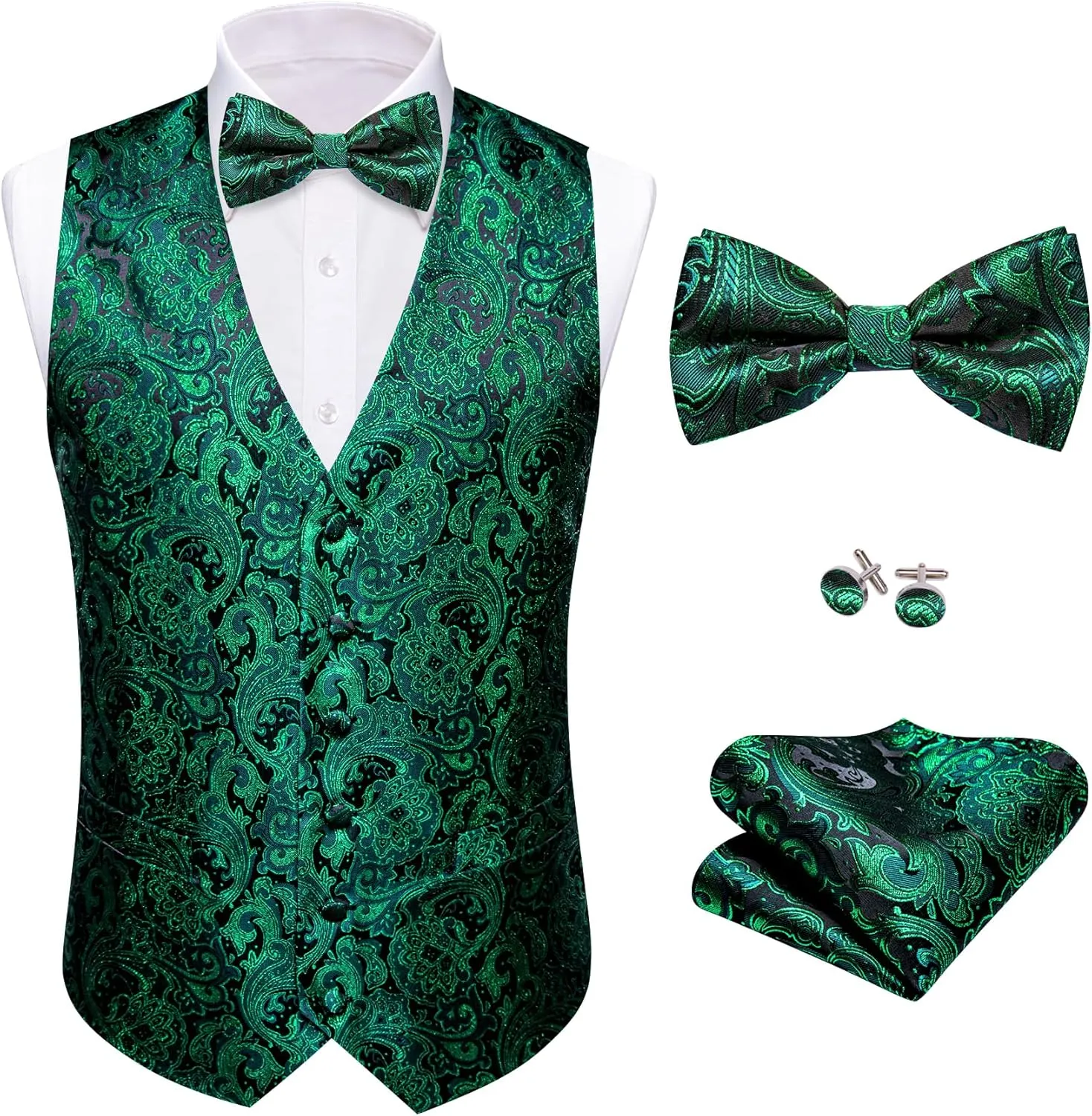 Barry.Wang Men's Waistcoat Bowtie Set Paisley Jacquard Silk V-Neck Vest Handkerchief Cufflinks Formal/Leisure Wedding Party