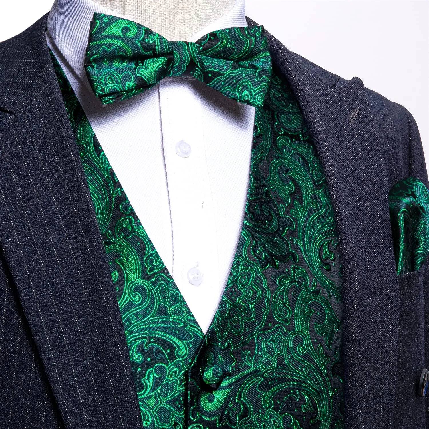 Barry.Wang Men's Waistcoat Bowtie Set Paisley Jacquard Silk V-Neck Vest Handkerchief Cufflinks Formal/Leisure Wedding Party
