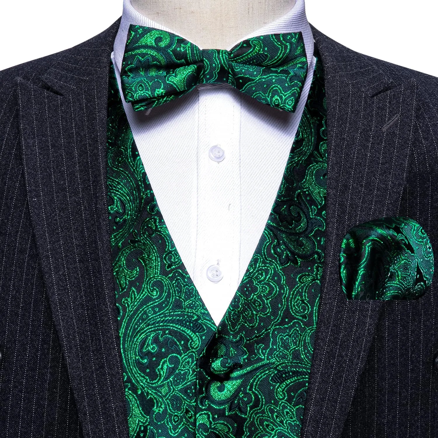 Barry.Wang Men's Waistcoat Bowtie Set Paisley Jacquard Silk V-Neck Vest Handkerchief Cufflinks Formal/Leisure Wedding Party