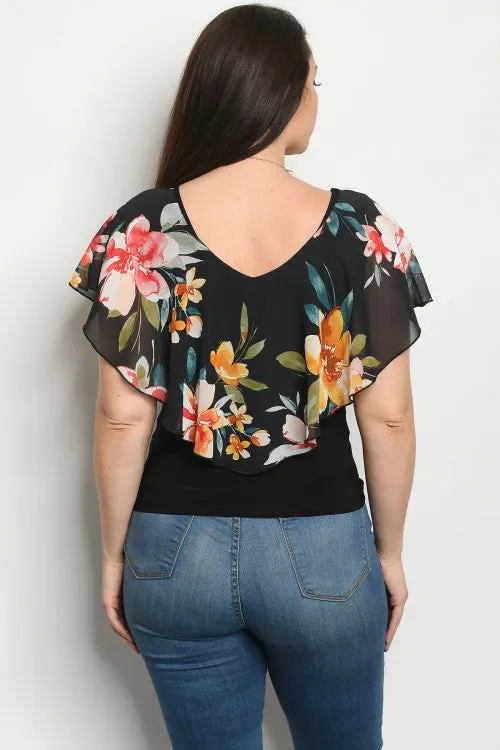 Black and Pink  Floral Plus Size Top with Necklace
