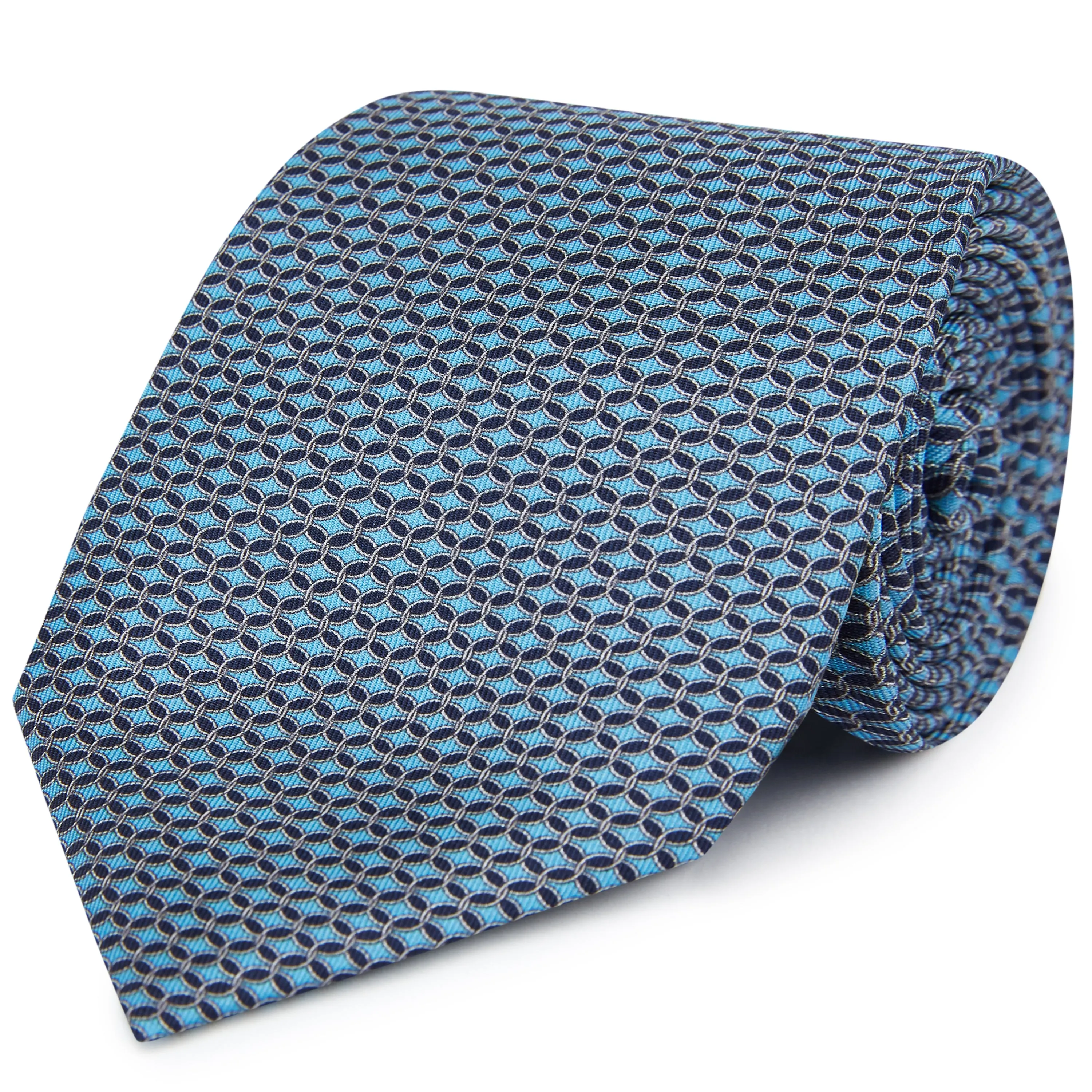 Blue Navy Circle Chain Geometric Printed Silk Tie