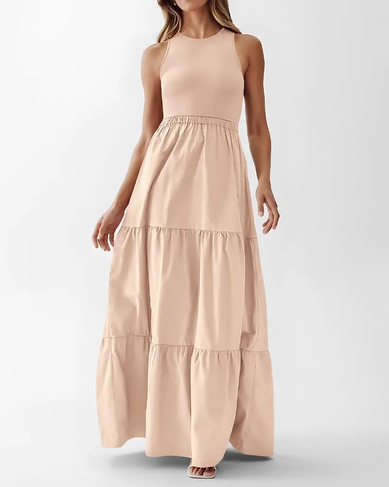 BTFBM Women Sleeveless Summer Dresses Wedding Guest Maxi Dresses Ribbed Knit Tops and Polyester Skirt with Pockets