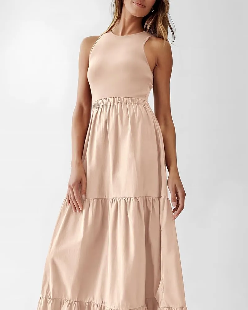 BTFBM Women Sleeveless Summer Dresses Wedding Guest Maxi Dresses Ribbed Knit Tops and Polyester Skirt with Pockets