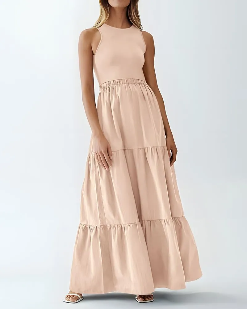 BTFBM Women Sleeveless Summer Dresses Wedding Guest Maxi Dresses Ribbed Knit Tops and Polyester Skirt with Pockets