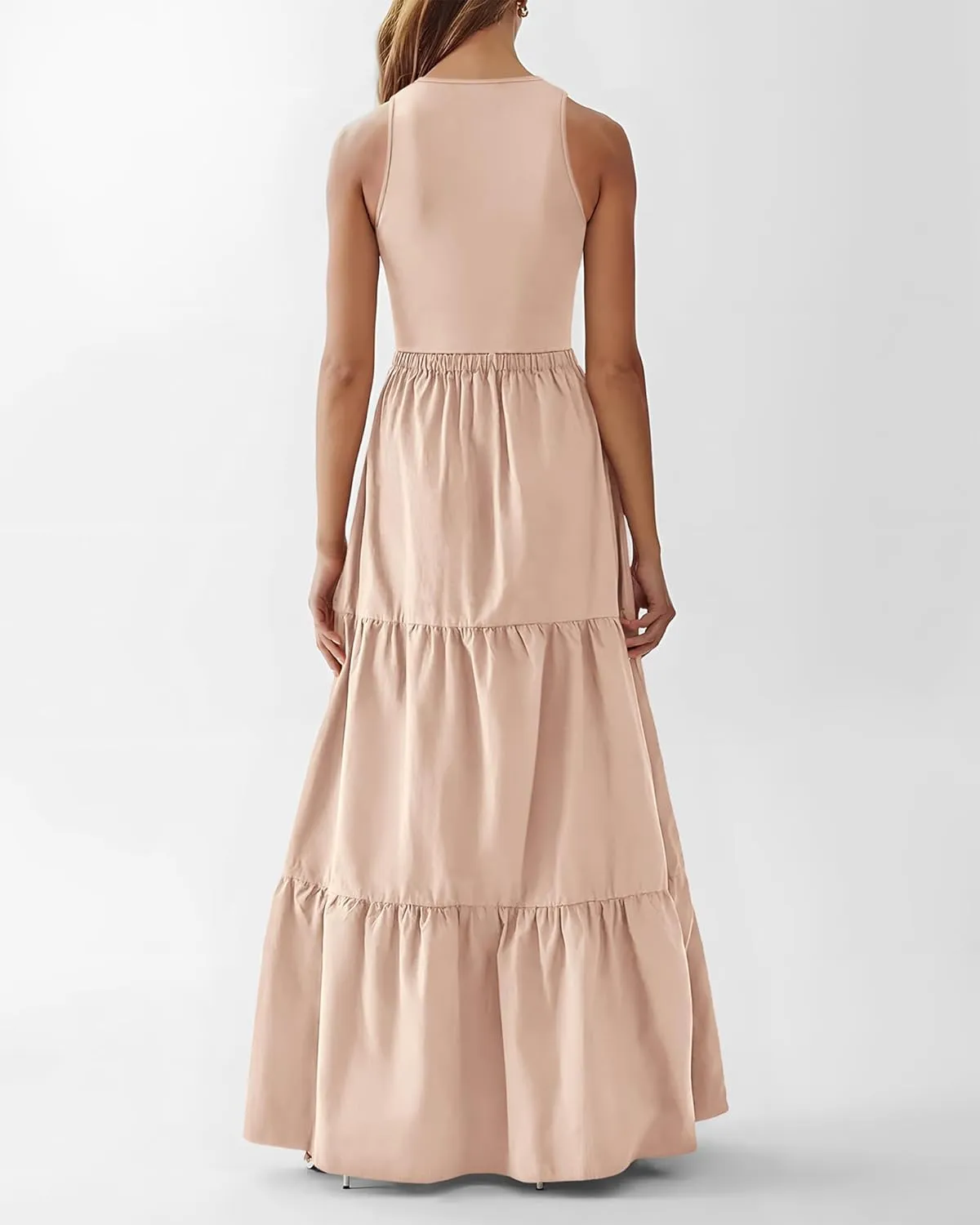 BTFBM Women Sleeveless Summer Dresses Wedding Guest Maxi Dresses Ribbed Knit Tops and Polyester Skirt with Pockets