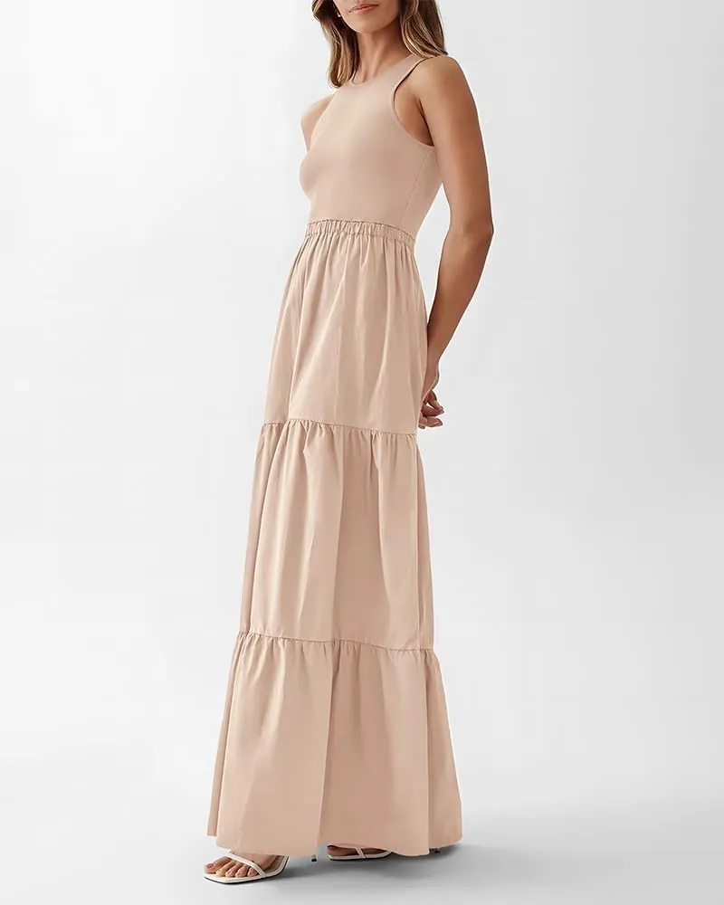 BTFBM Women Sleeveless Summer Dresses Wedding Guest Maxi Dresses Ribbed Knit Tops and Polyester Skirt with Pockets