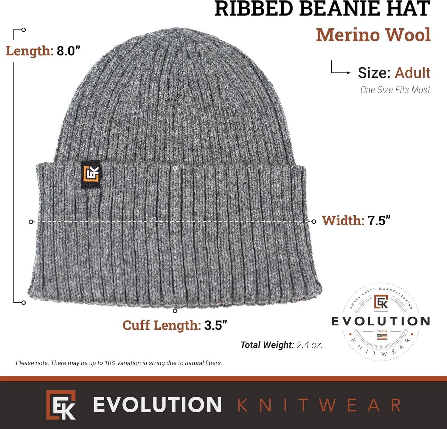 Evolution Knitwear Wool Rib Knit Beanie Hat for Men or Women - Super Soft Merino Wool - Made in The USA