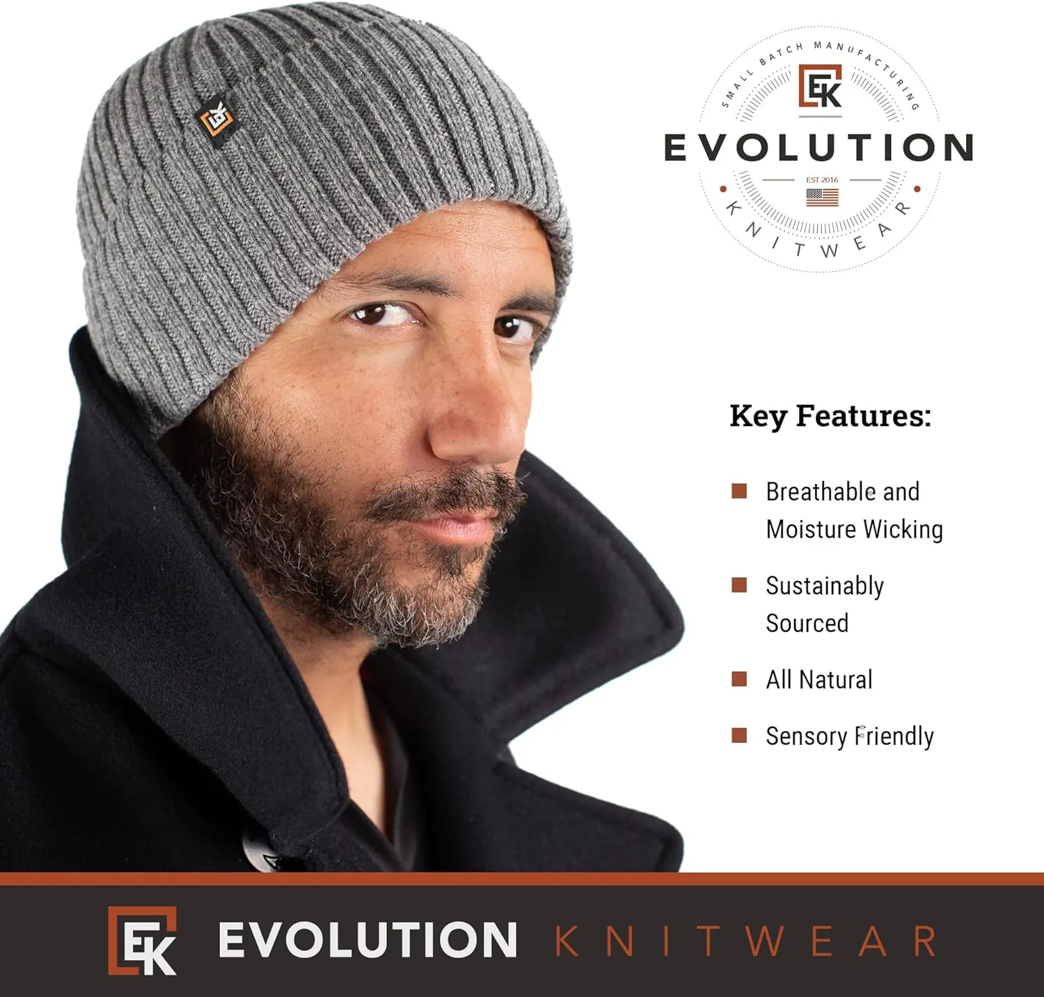 Evolution Knitwear Wool Rib Knit Beanie Hat for Men or Women - Super Soft Merino Wool - Made in The USA