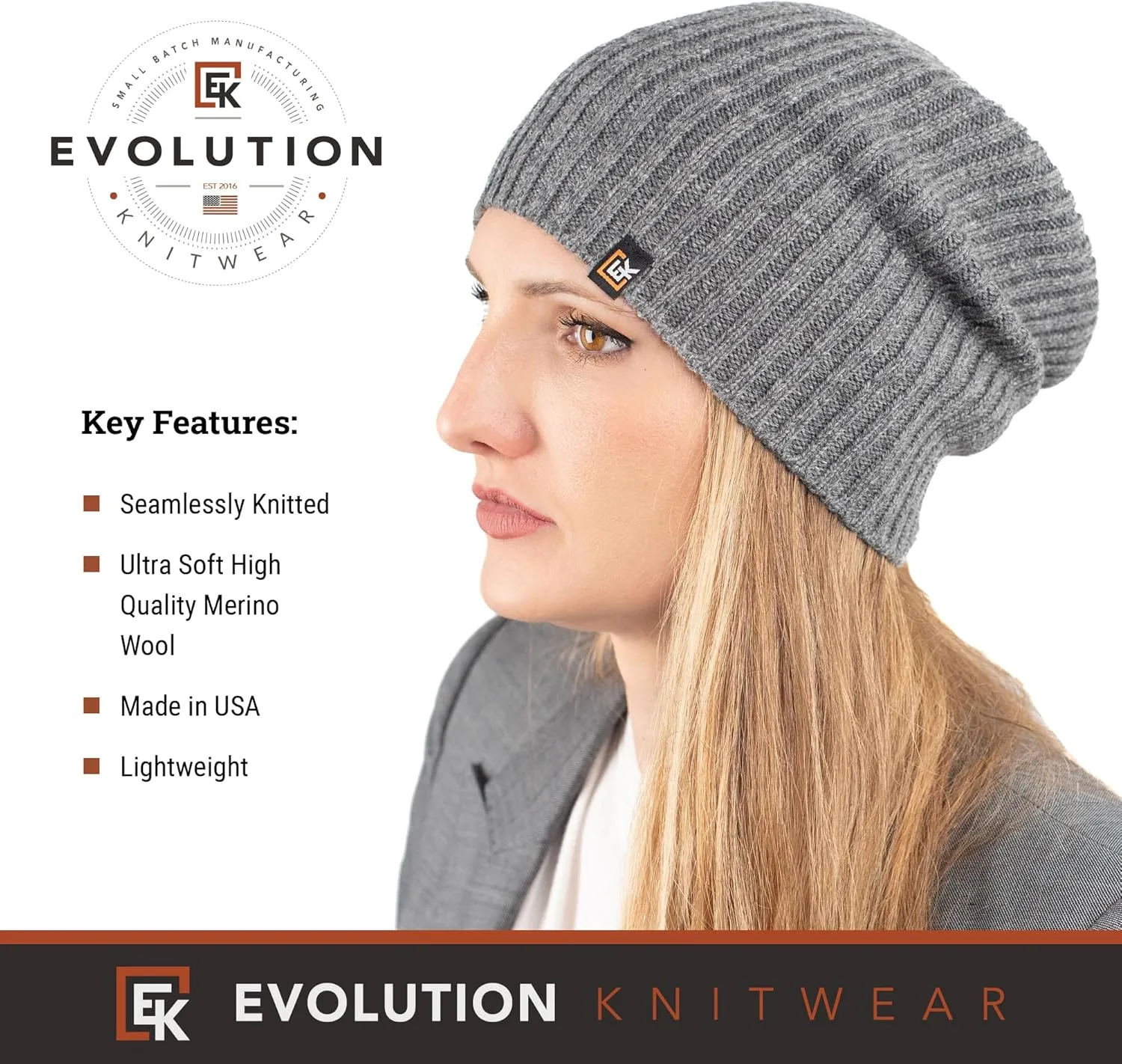 Evolution Knitwear Wool Rib Knit Beanie Hat for Men or Women - Super Soft Merino Wool - Made in The USA