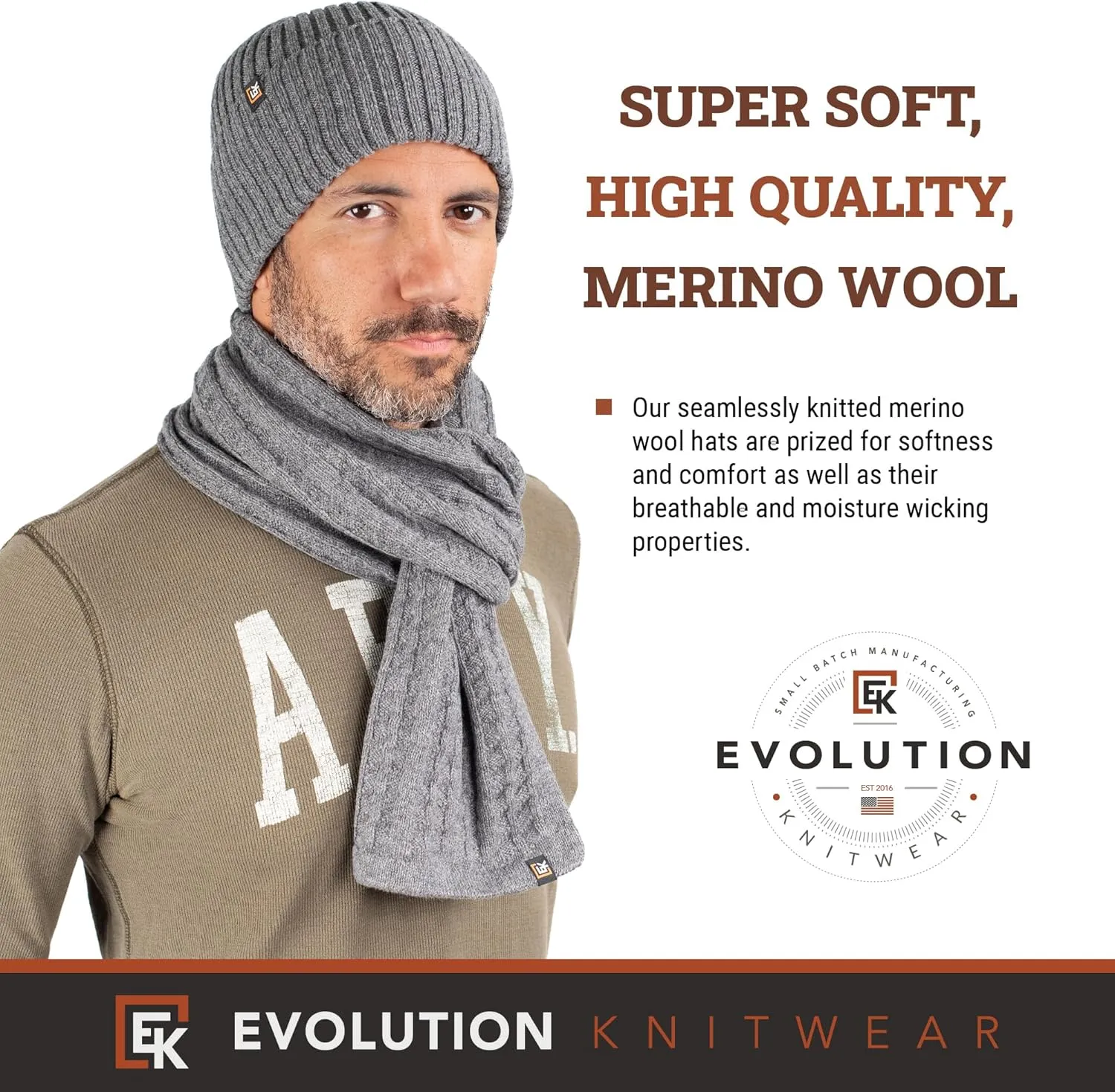 Evolution Knitwear Wool Rib Knit Beanie Hat for Men or Women - Super Soft Merino Wool - Made in The USA