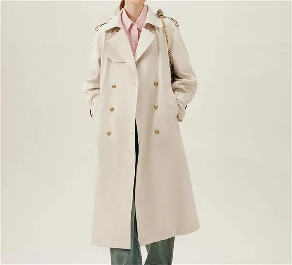 Ladies Lapel Double Breasted Trench Coat Autumn Long Khaki Comfortable Classic Trench Coat