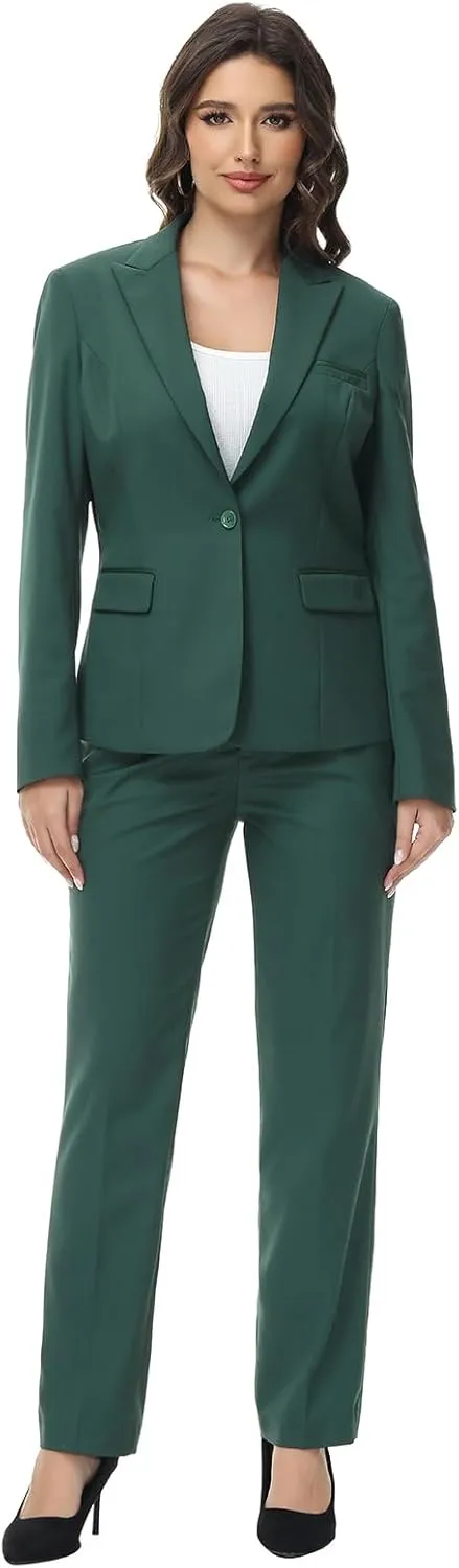 Lamgool Womens Suit 2 Piece Set Business One Button Peak Lapel Blazer Jacket with Pants for Office Ladies