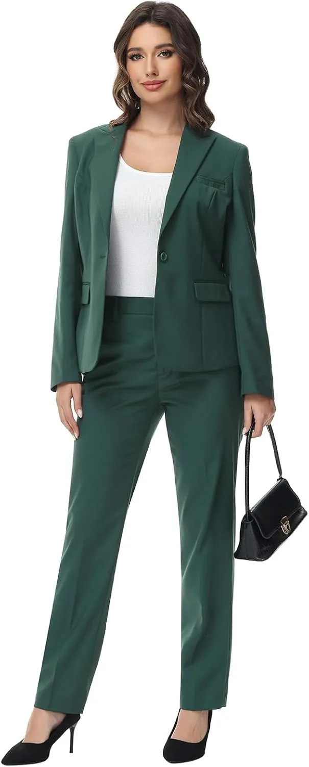 Lamgool Womens Suit 2 Piece Set Business One Button Peak Lapel Blazer Jacket with Pants for Office Ladies