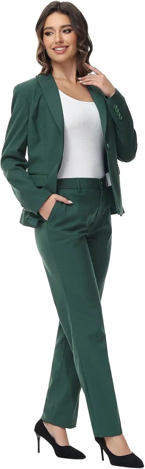 Lamgool Womens Suit 2 Piece Set Business One Button Peak Lapel Blazer Jacket with Pants for Office Ladies
