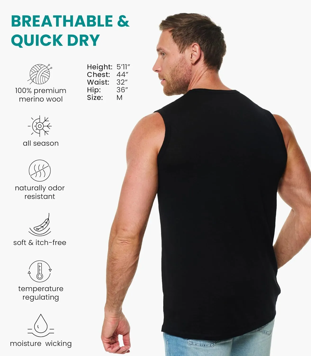 Merino Wool Tank Top Men - Active Merino Wool Undershirt Moisture Wicking Breathable Anti-Odor Lightweight Base Layer