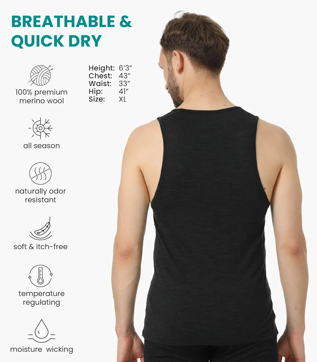 Merino Wool Tank Top Men - Active Merino Wool Undershirt Moisture Wicking Breathable Anti-Odor Lightweight Base Layer