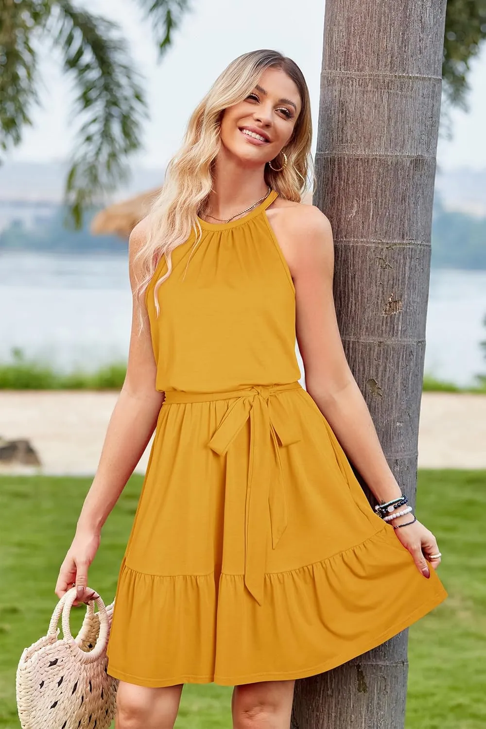 Newshows Womens 2025 Summer Dresses Halter Casual Beach Vacation Wedding Guest Belted Sundresses with Pockets