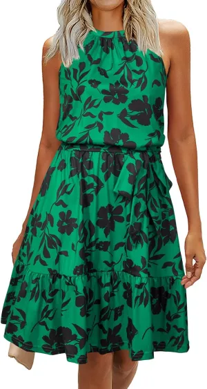 Newshows Womens 2025 Summer Dresses Halter Casual Beach Vacation Wedding Guest Belted Sundresses with Pockets