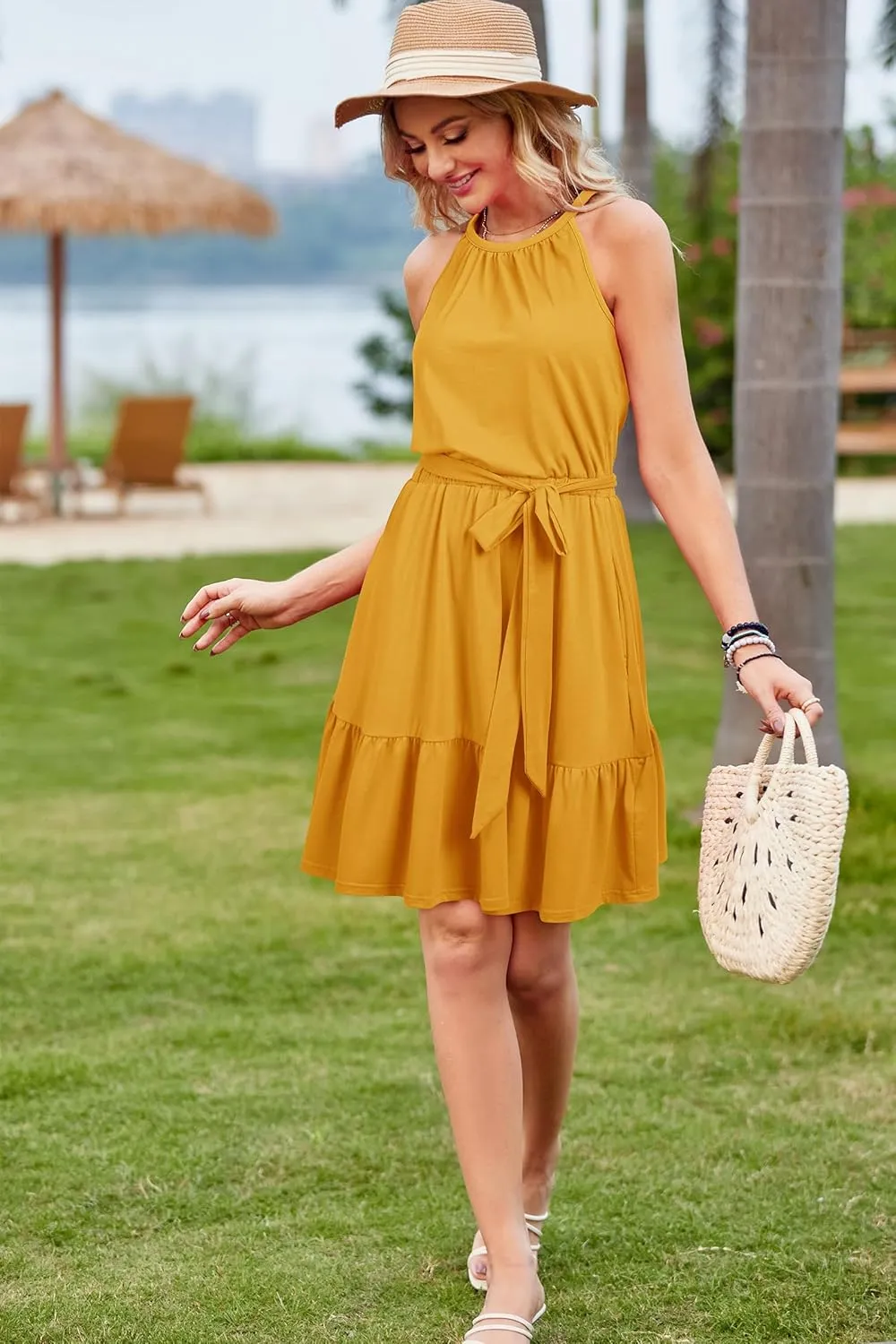 Newshows Womens 2025 Summer Dresses Halter Casual Beach Vacation Wedding Guest Belted Sundresses with Pockets