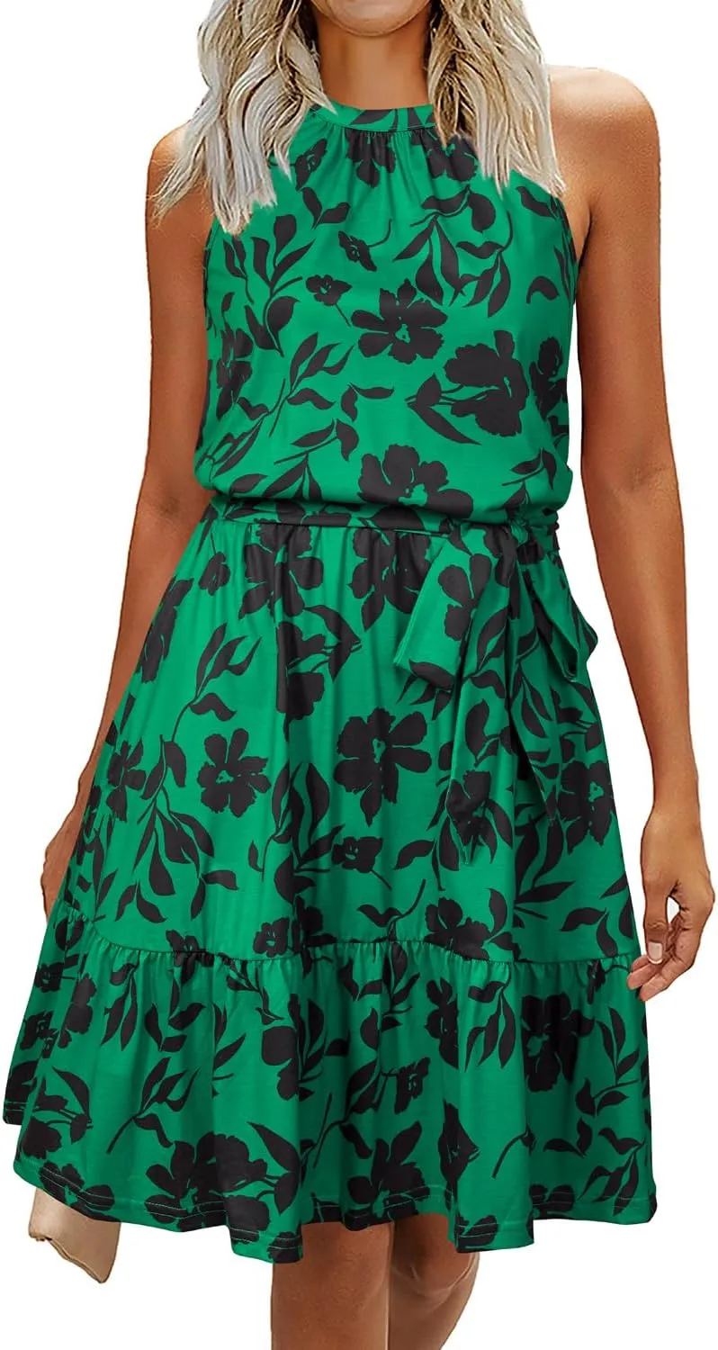 Newshows Womens 2025 Summer Dresses Halter Casual Beach Vacation Wedding Guest Belted Sundresses with Pockets