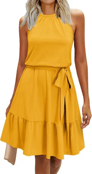Newshows Womens 2025 Summer Dresses Halter Casual Beach Vacation Wedding Guest Belted Sundresses with Pockets