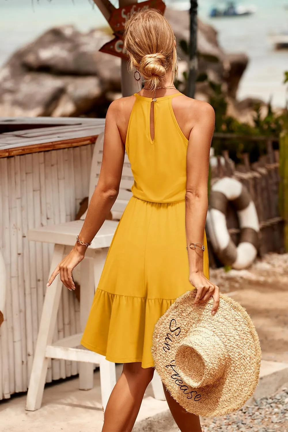 Newshows Womens 2025 Summer Dresses Halter Casual Beach Vacation Wedding Guest Belted Sundresses with Pockets