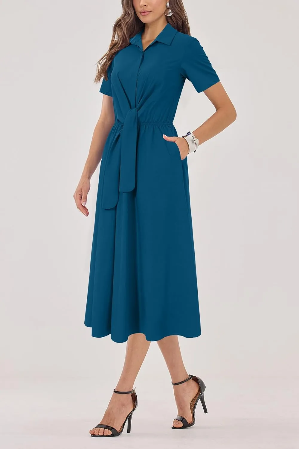 Newshows Womens Wear to Work Long Dresses Tie Waist Shirt Dress Business Casual Outfits Office Attire with Pockets