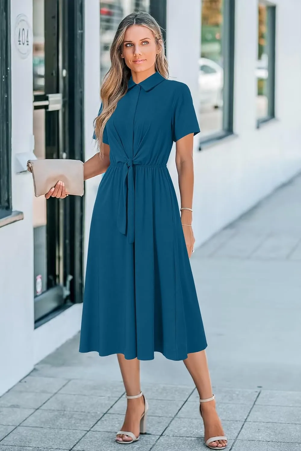 Newshows Womens Wear to Work Long Dresses Tie Waist Shirt Dress Business Casual Outfits Office Attire with Pockets