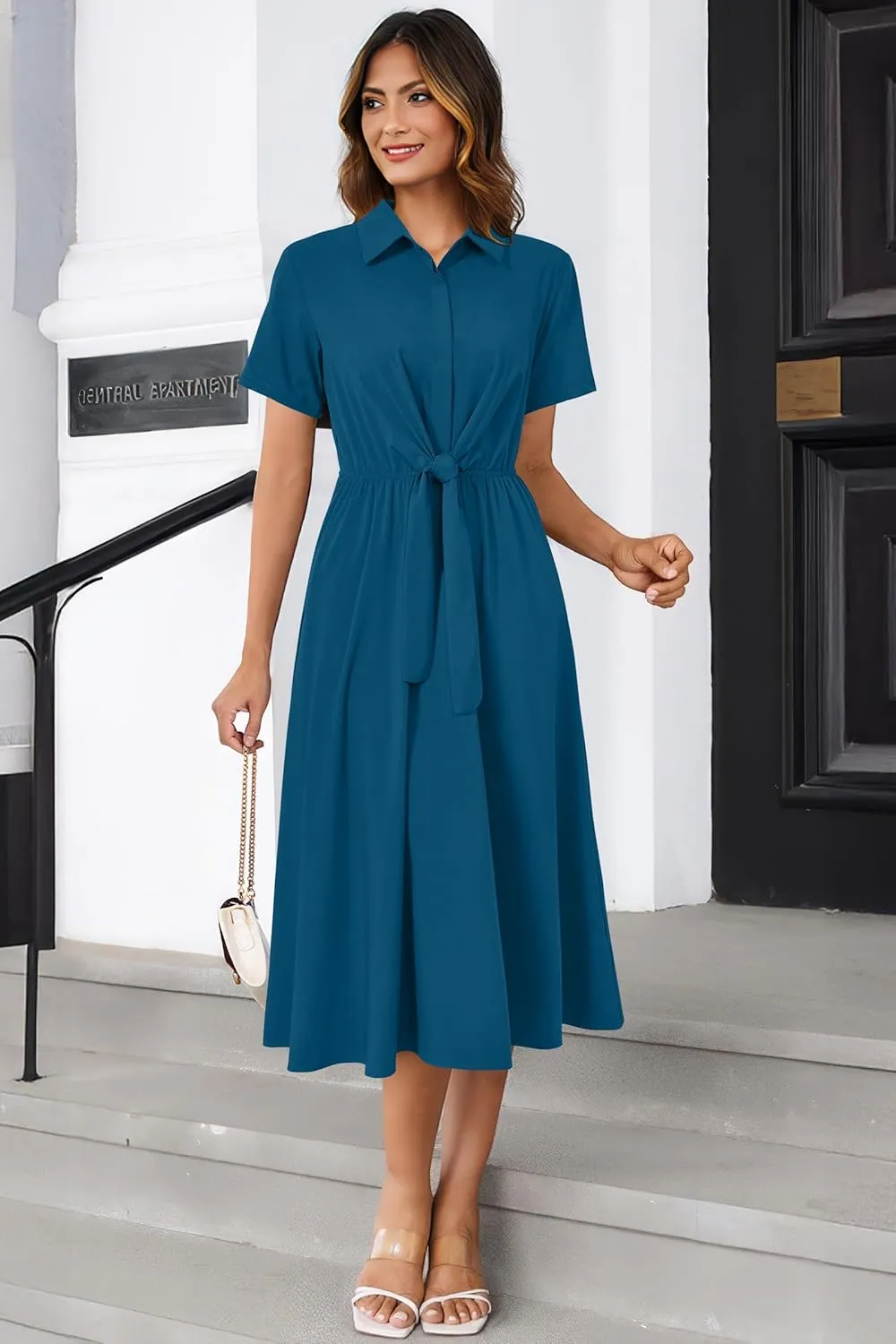 Newshows Womens Wear to Work Long Dresses Tie Waist Shirt Dress Business Casual Outfits Office Attire with Pockets