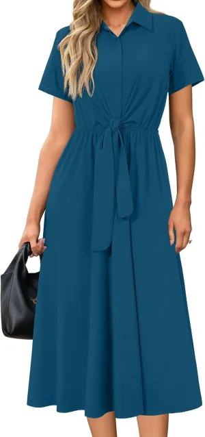 Newshows Womens Wear to Work Long Dresses Tie Waist Shirt Dress Business Casual Outfits Office Attire with Pockets