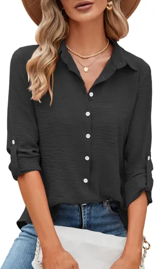 Odosalii Womens Button Down Shirts V Neck Rolled Up Long Sleeve Tops Elegant Dressy Blouses Business Casual Outfits