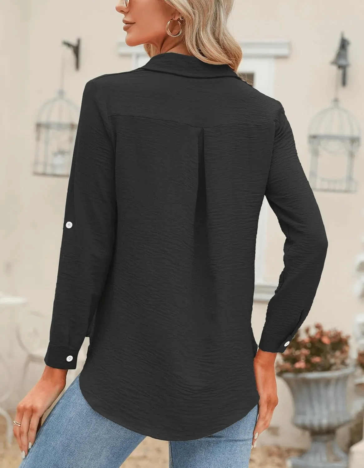 Odosalii Womens Button Down Shirts V Neck Rolled Up Long Sleeve Tops Elegant Dressy Blouses Business Casual Outfits