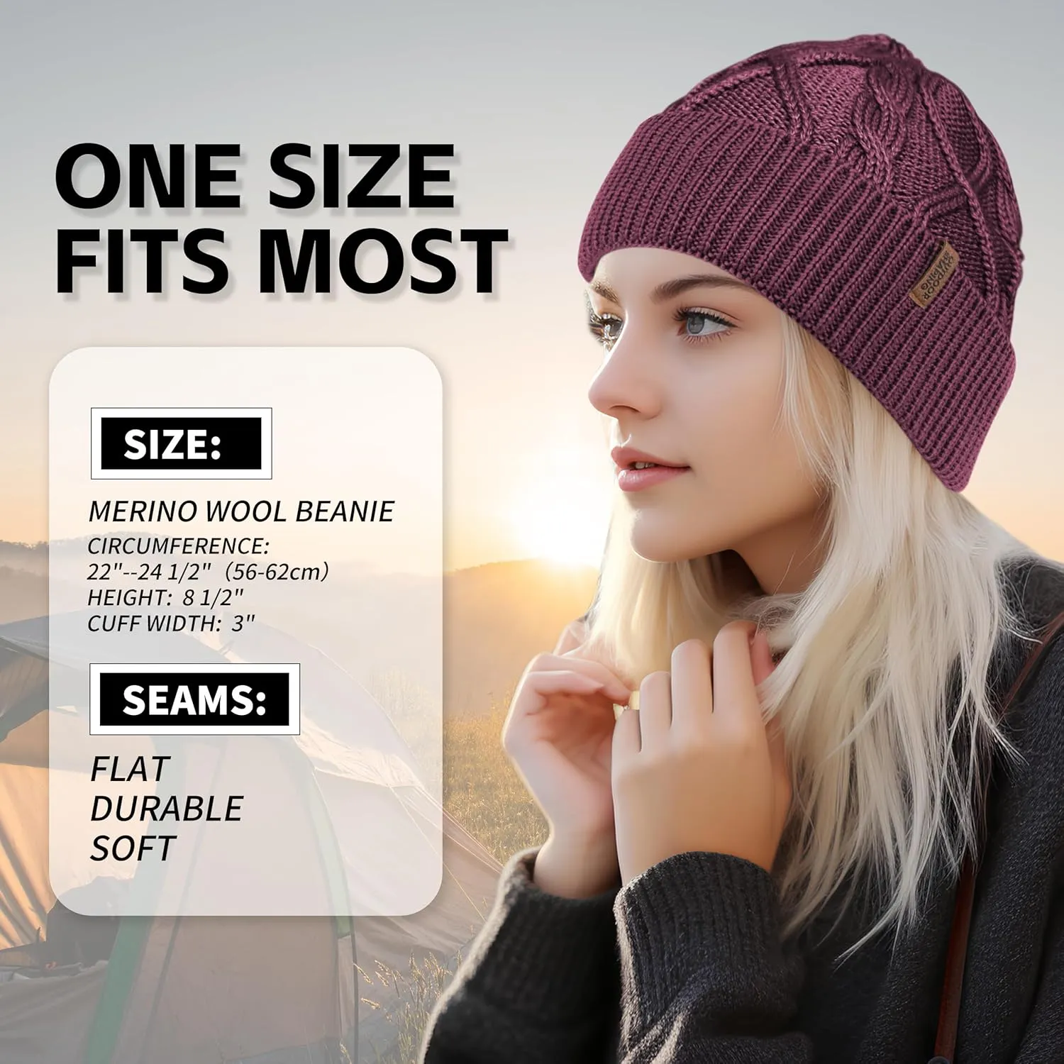 OUTDOOR SHAPING Merino Wool Beanie, Unisex Cable Knit Hat, Daily Rib Cuff Beanie, Warm Winter Cap