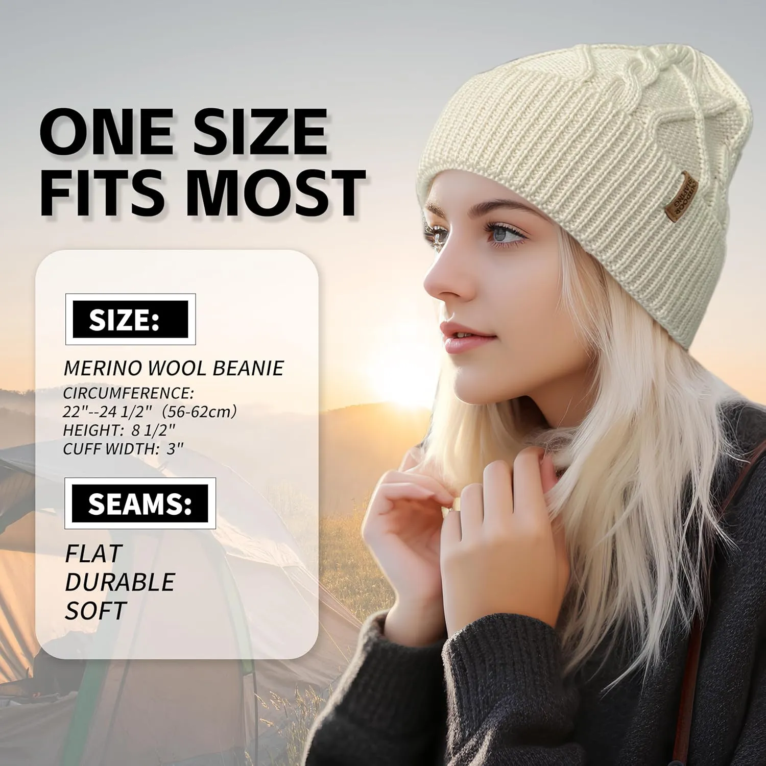 OUTDOOR SHAPING Merino Wool Beanie, Unisex Cable Knit Hat, Daily Rib Cuff Beanie, Warm Winter Cap