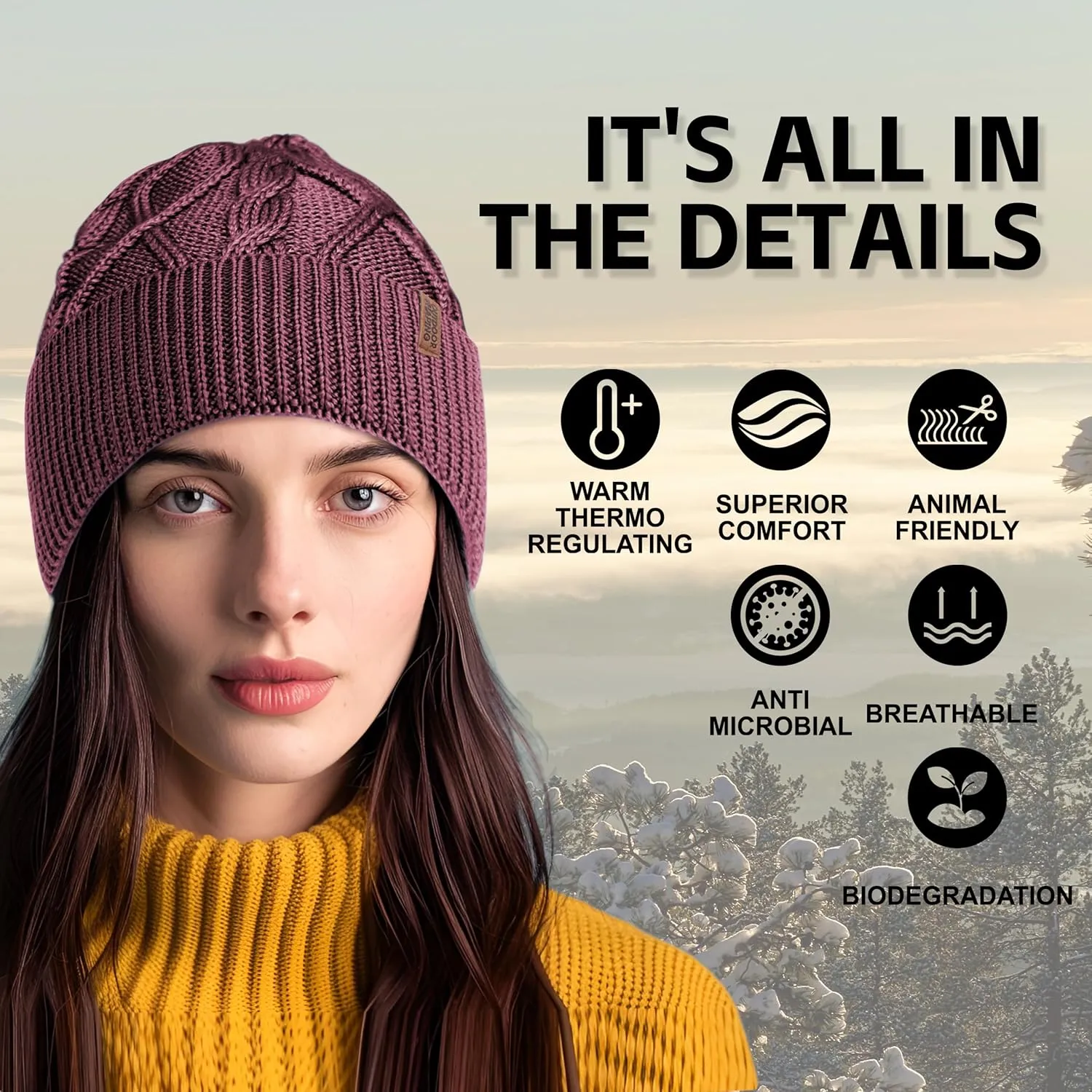 OUTDOOR SHAPING Merino Wool Beanie, Unisex Cable Knit Hat, Daily Rib Cuff Beanie, Warm Winter Cap