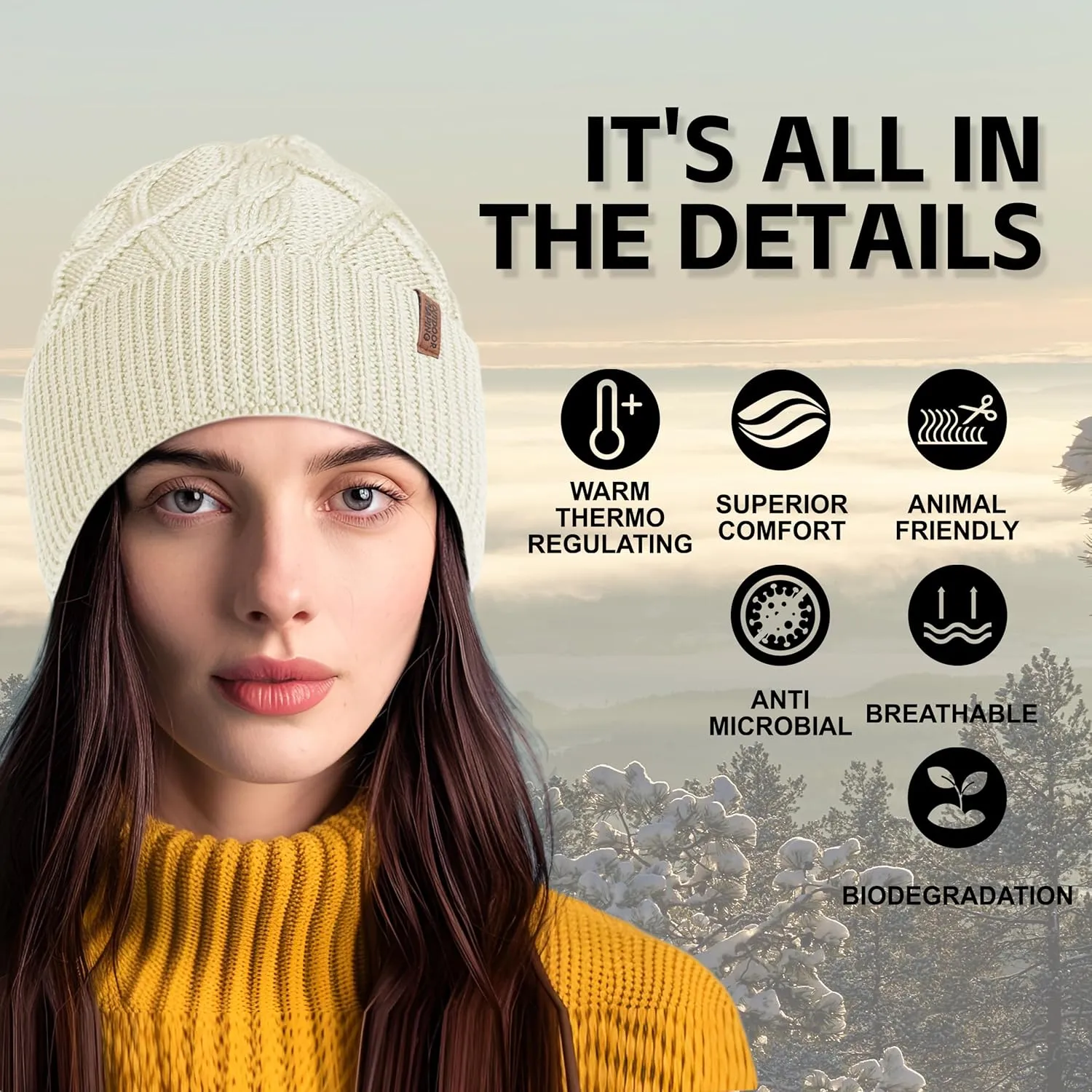 OUTDOOR SHAPING Merino Wool Beanie, Unisex Cable Knit Hat, Daily Rib Cuff Beanie, Warm Winter Cap