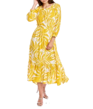 Ruffled Printed Textured Breathable Rayon Crepe Dress with elastic waist and self belt in golden yellow floral print