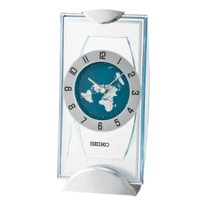 SEIKO Antique Analog White & Blue Color Plastic Case Hazlenut Aluminum Dial World Table Clock for Office Desk Home Decor Gifts (Size: 11.9 x 9.1 x 24 CM | Weight: 330 gram) QXG152ST