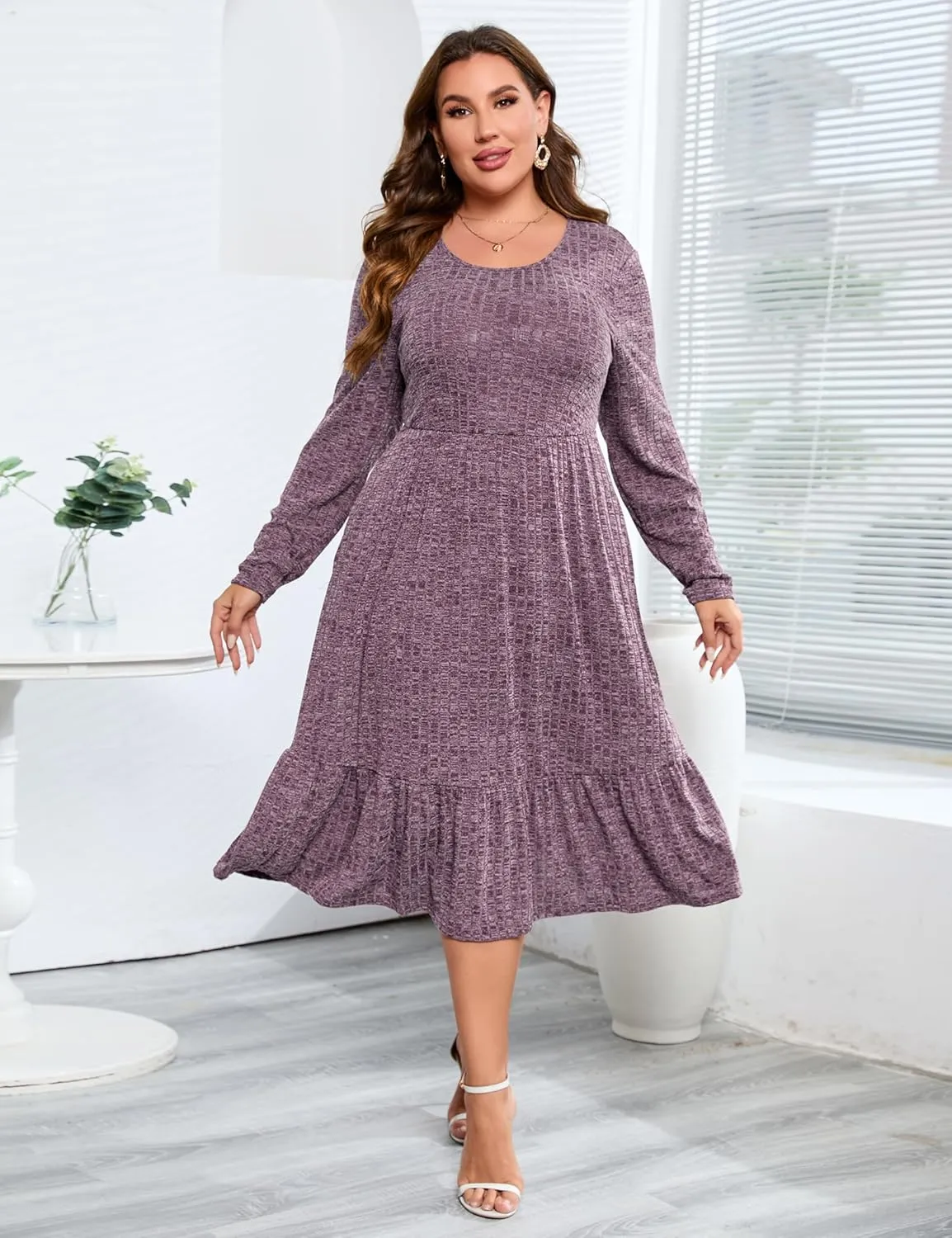 ShopWonder Womens Plus Size Ribbed Knit Sweater Dress Long Sleeve Stretchy Comfy Casual Fall Dress with Pockets