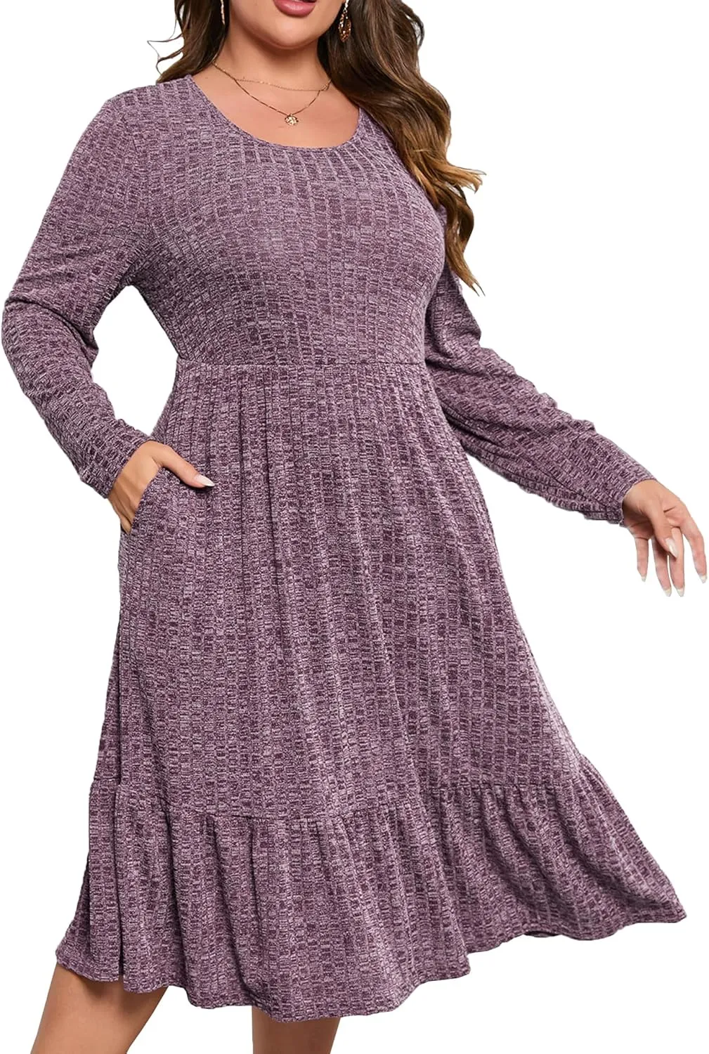 ShopWonder Womens Plus Size Ribbed Knit Sweater Dress Long Sleeve Stretchy Comfy Casual Fall Dress with Pockets