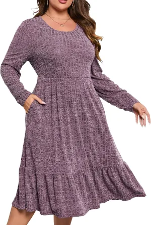ShopWonder Womens Plus Size Ribbed Knit Sweater Dress Long Sleeve Stretchy Comfy Casual Fall Dress with Pockets