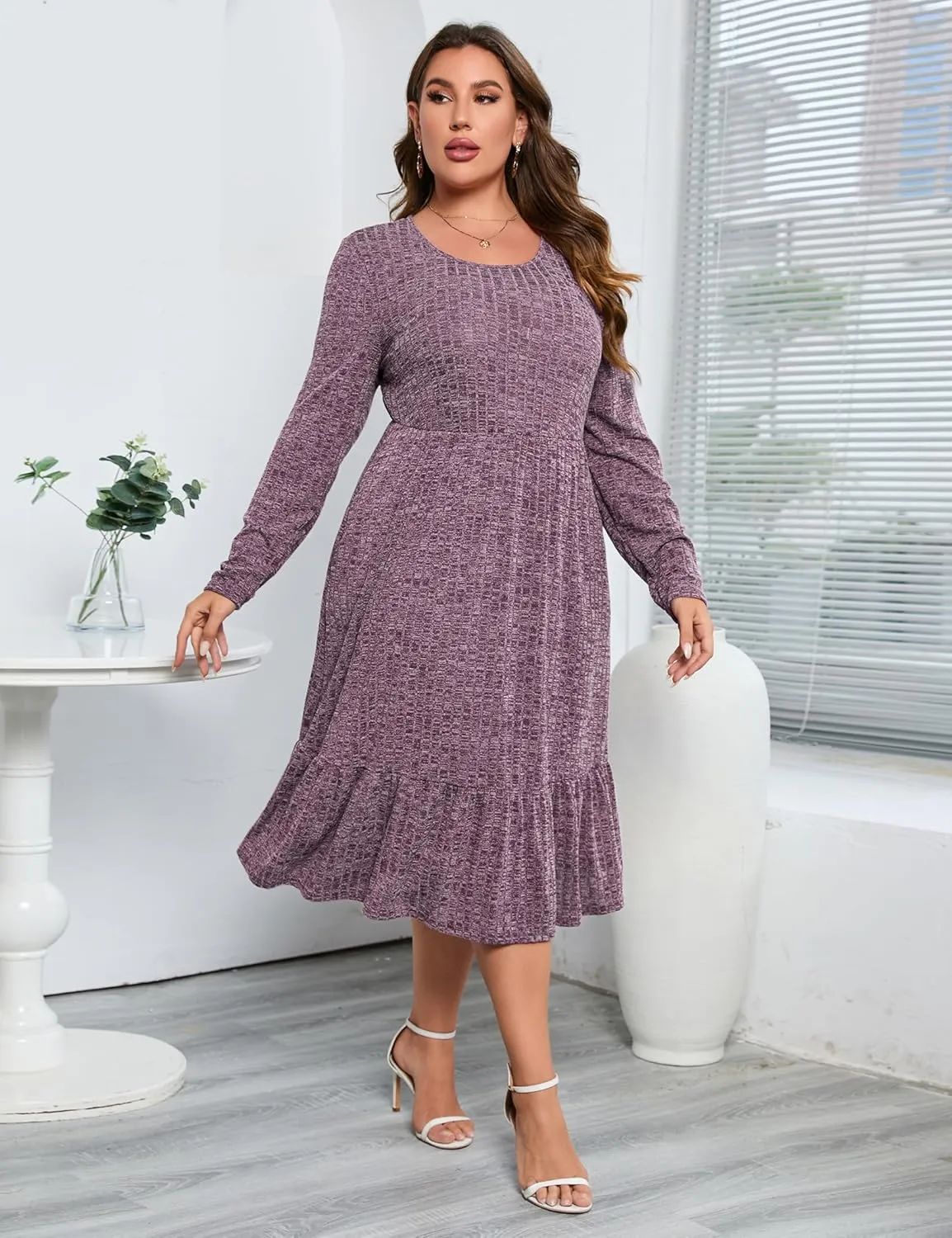 ShopWonder Womens Plus Size Ribbed Knit Sweater Dress Long Sleeve Stretchy Comfy Casual Fall Dress with Pockets