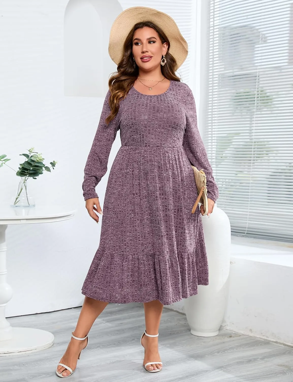 ShopWonder Womens Plus Size Ribbed Knit Sweater Dress Long Sleeve Stretchy Comfy Casual Fall Dress with Pockets